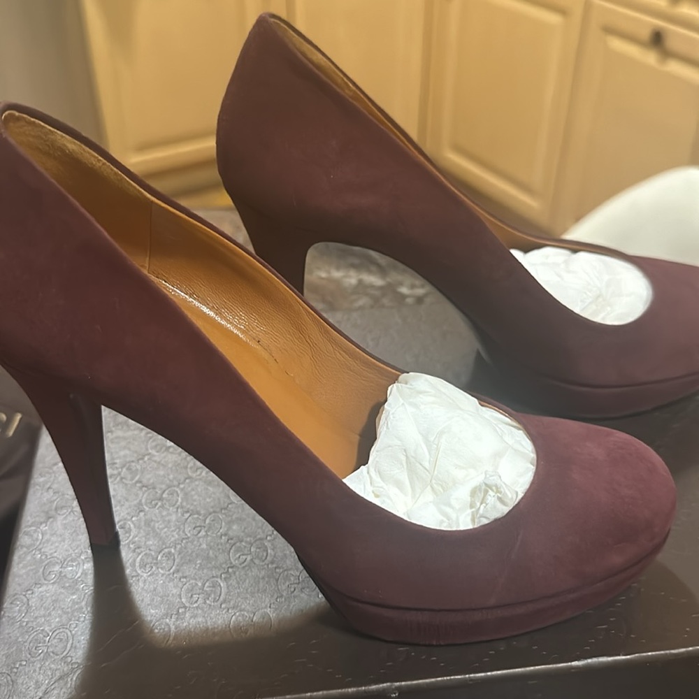 Gucci SCARLATTO Kid Scamosciato Burgundy Heels size 36+ - Picture 2 of 16